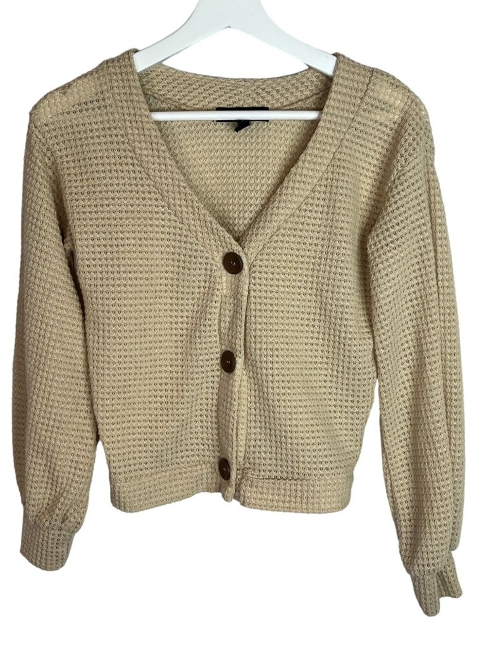 Derek Heart Womens Small Waffle Knit Cardigan Tan Button Front